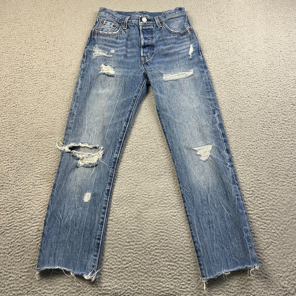 Levis 501 Jeans Womens Blue Distressed Denim Button Fly Straight Raw Hem 23x25.5